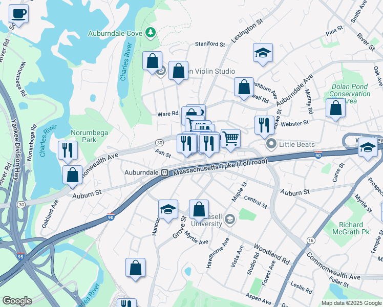 map of restaurants, bars, coffee shops, grocery stores, and more near 349 Auburn Street in Newton
