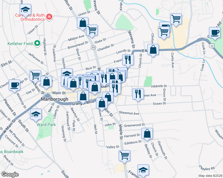 map of restaurants, bars, coffee shops, grocery stores, and more near 26 Ames Place in Marlborough