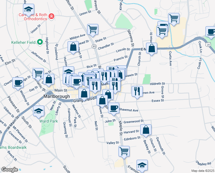 map of restaurants, bars, coffee shops, grocery stores, and more near 26 Ames Place in Marlborough