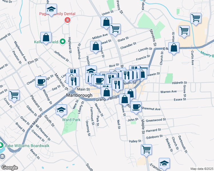 map of restaurants, bars, coffee shops, grocery stores, and more near 16 Grant Court in Marlborough