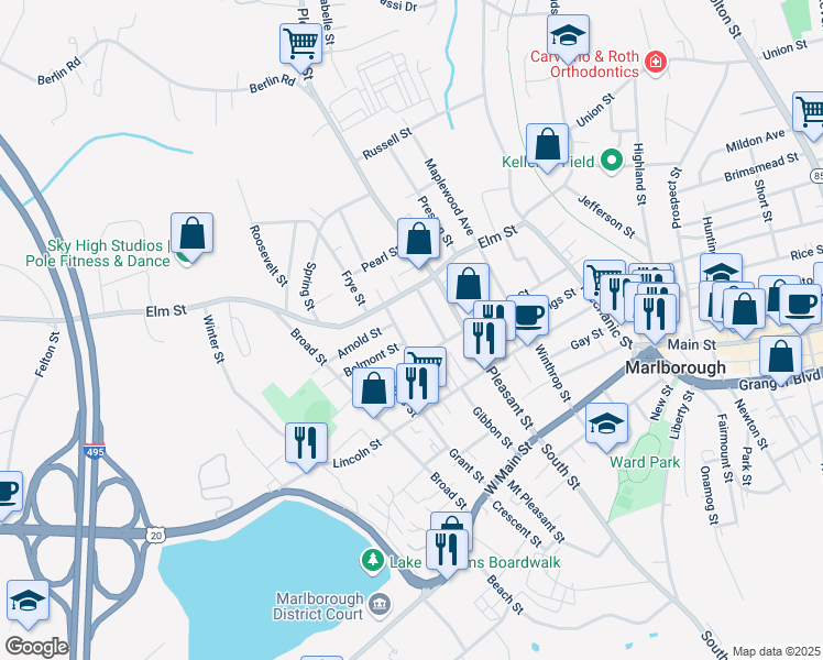 map of restaurants, bars, coffee shops, grocery stores, and more near 135 Chestnut Street in Marlborough