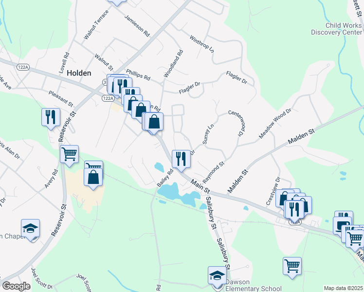 map of restaurants, bars, coffee shops, grocery stores, and more near 32 Mayo Drive in Holden