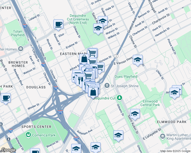 map of restaurants, bars, coffee shops, grocery stores, and more near 1550 Winder Street in Detroit