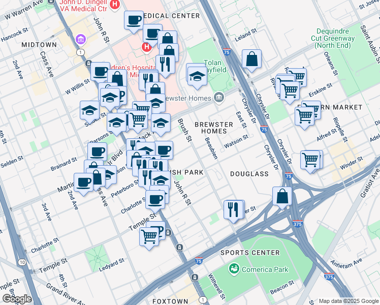 map of restaurants, bars, coffee shops, grocery stores, and more near 313 Watson Street in Detroit