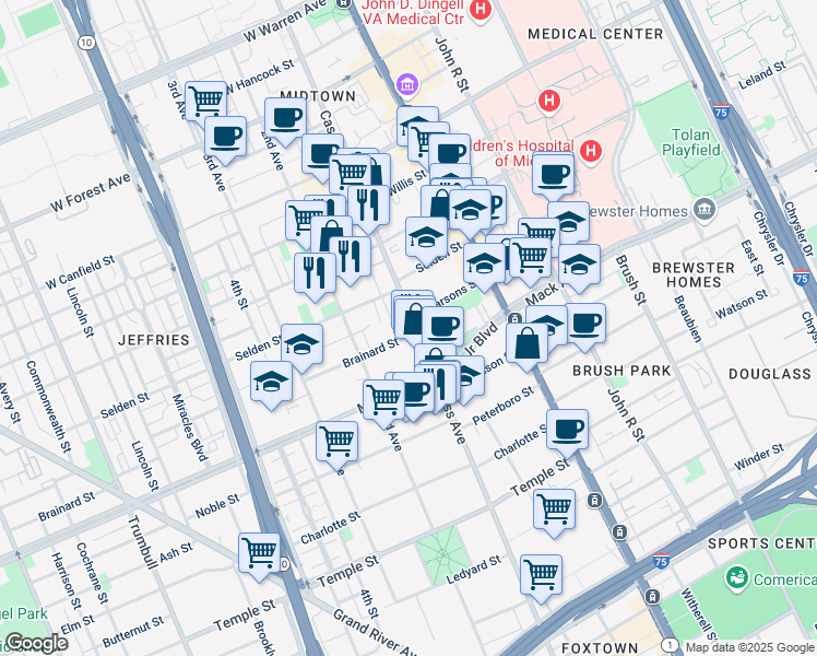 map of restaurants, bars, coffee shops, grocery stores, and more near 457 Brainard Street in Detroit