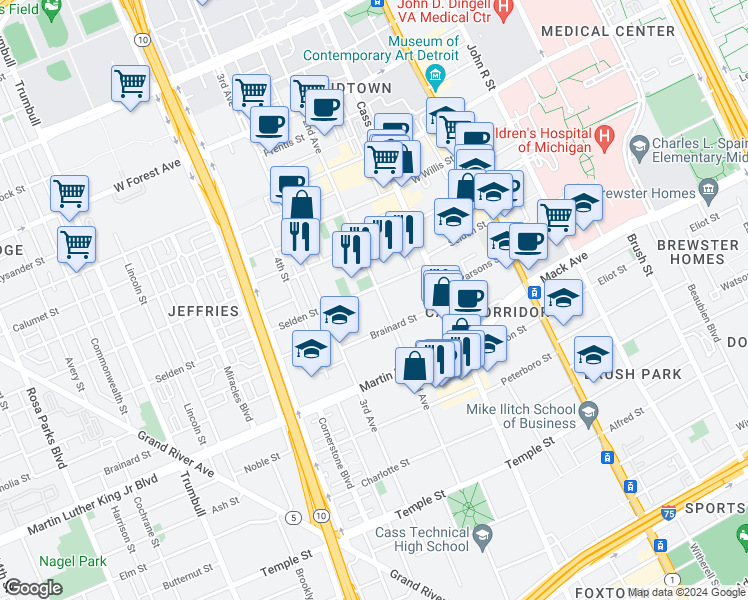 map of restaurants, bars, coffee shops, grocery stores, and more near 3711 2nd Avenue in Detroit