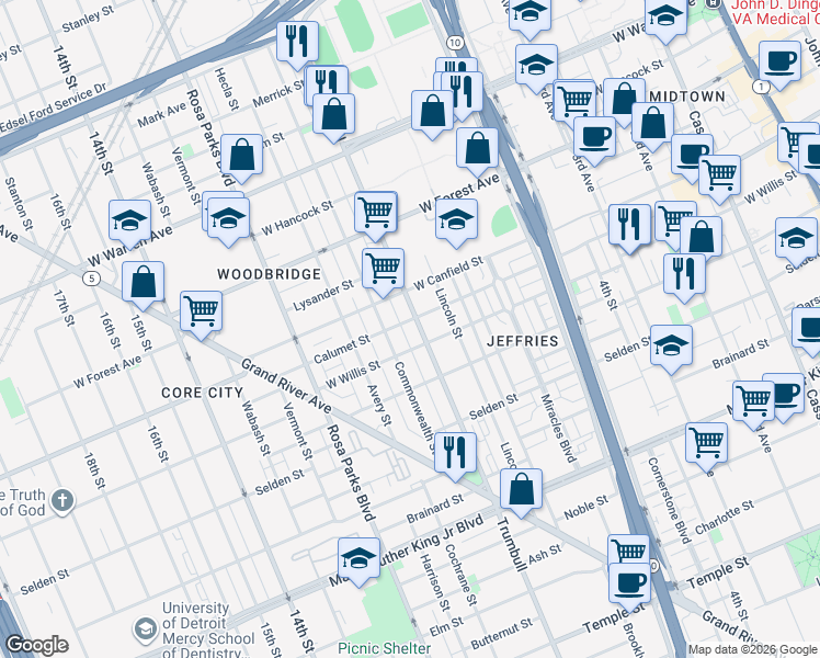 map of restaurants, bars, coffee shops, grocery stores, and more near 4203 Trumbull in Detroit