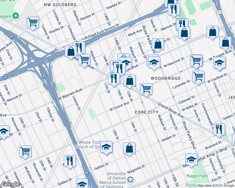 map of restaurants, bars, coffee shops, grocery stores, and more near 4651 16th Street in Detroit