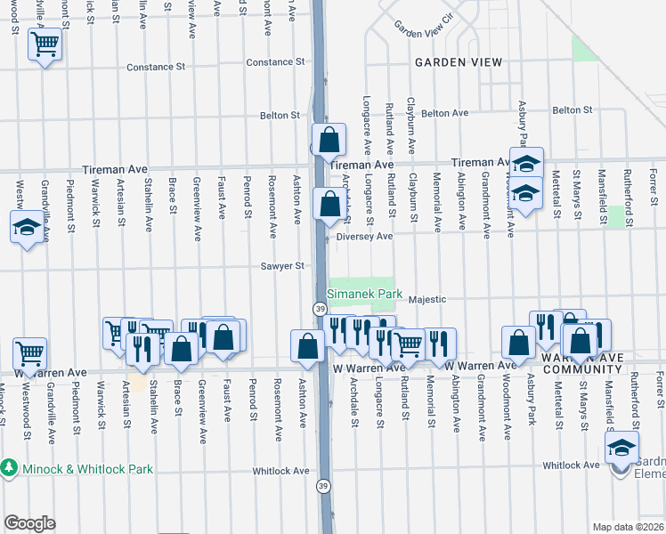 map of restaurants, bars, coffee shops, grocery stores, and more near 7430 Southfield Freeway in Detroit