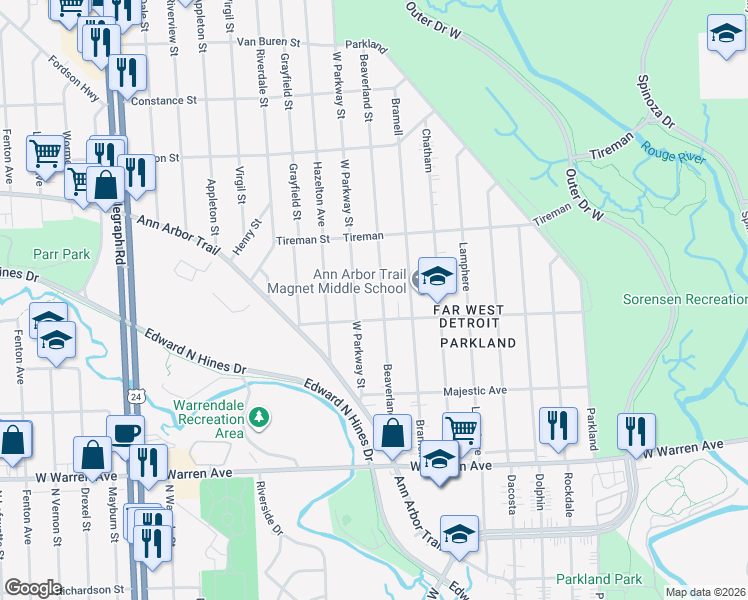 map of restaurants, bars, coffee shops, grocery stores, and more near 7604 West Parkway Street in Redford Charter Township
