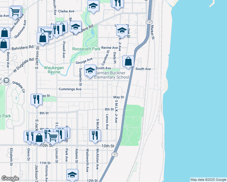 map of restaurants, bars, coffee shops, grocery stores, and more near 682 South Martin Luther King Junior Avenue in Waukegan