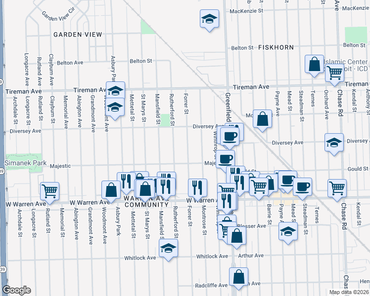 map of restaurants, bars, coffee shops, grocery stores, and more near 7467 Forrer Street in Detroit
