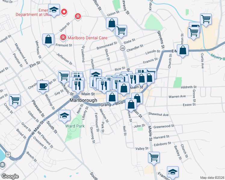 map of restaurants, bars, coffee shops, grocery stores, and more near 16 Grant Court in Marlborough