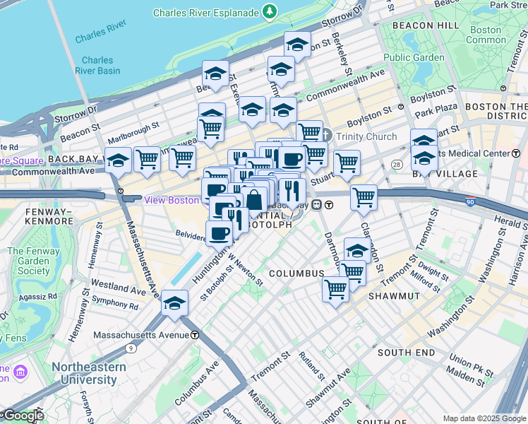 map of restaurants, bars, coffee shops, grocery stores, and more near 110 Huntington Avenue in Boston