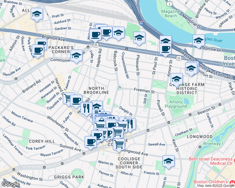 map of restaurants, bars, coffee shops, grocery stores, and more near 99 Babcock Street in Brookline