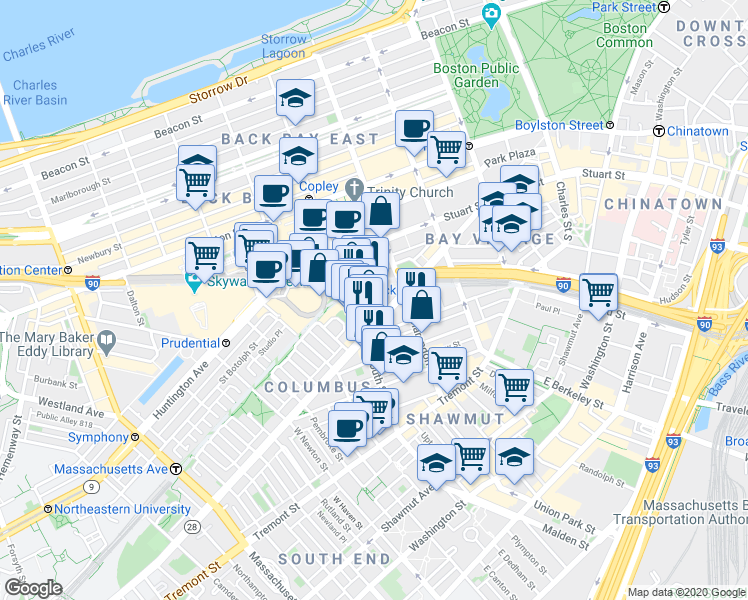 map of restaurants, bars, coffee shops, grocery stores, and more near 665 Washington Street in Boston