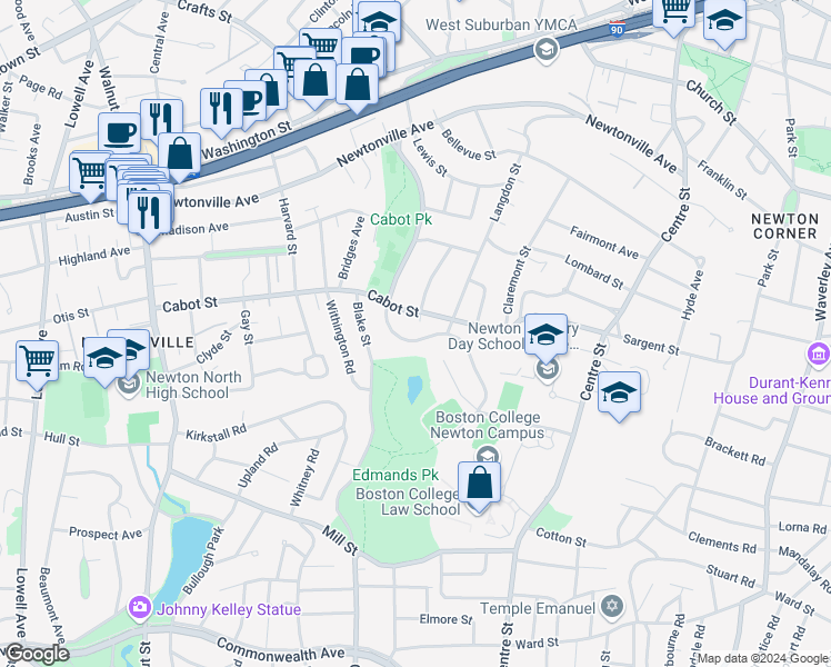 map of restaurants, bars, coffee shops, grocery stores, and more near 52 Westchester Road in Newton