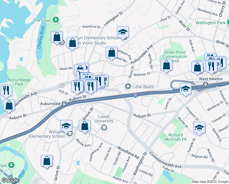 map of restaurants, bars, coffee shops, grocery stores, and more near 12 Sherman Place in Newton