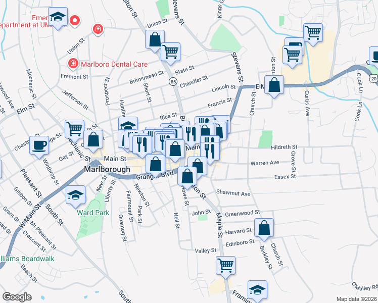 map of restaurants, bars, coffee shops, grocery stores, and more near 74 Main Street in Marlborough