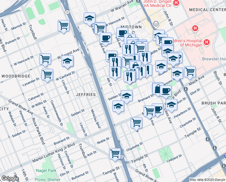 map of restaurants, bars, coffee shops, grocery stores, and more near 4th Street in Detroit