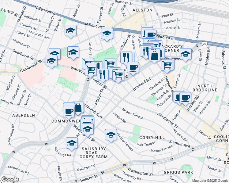 map of restaurants, bars, coffee shops, grocery stores, and more near 224 Kelton Street in Allston