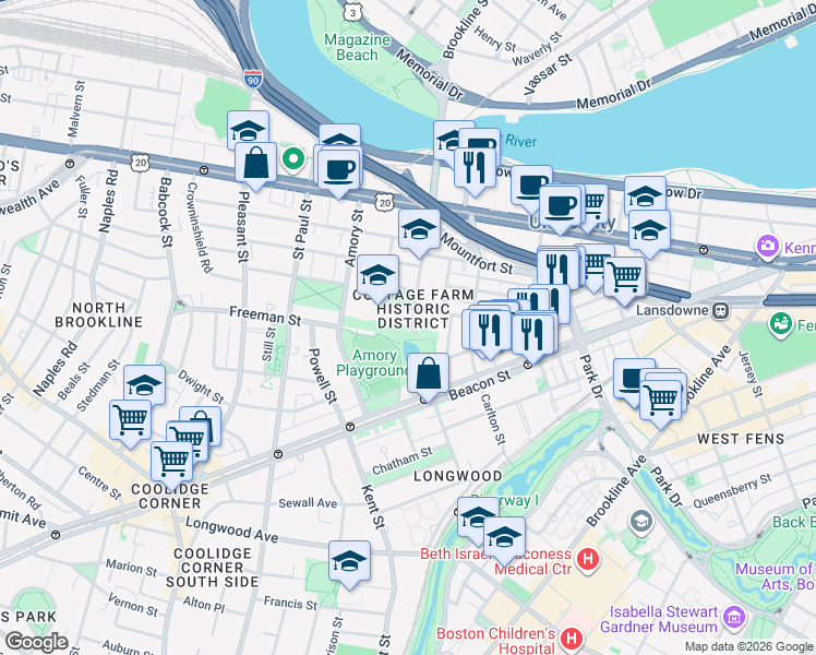 map of restaurants, bars, coffee shops, grocery stores, and more near 178 Ivy Street in Brookline