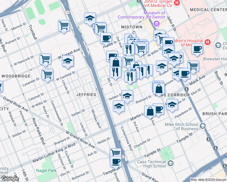 map of restaurants, bars, coffee shops, grocery stores, and more near 4th Street in Detroit