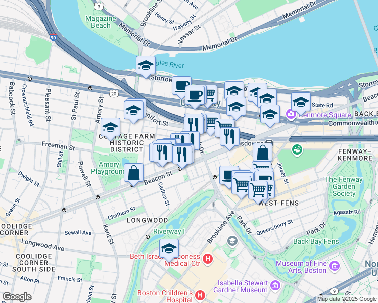 map of restaurants, bars, coffee shops, grocery stores, and more near 44 Buswell Street in Boston