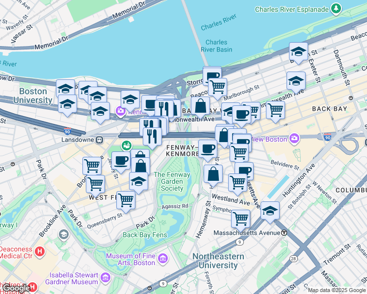 map of restaurants, bars, coffee shops, grocery stores, and more near in Boston