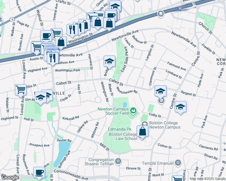 map of restaurants, bars, coffee shops, grocery stores, and more near 38 Blake Street in Newton
