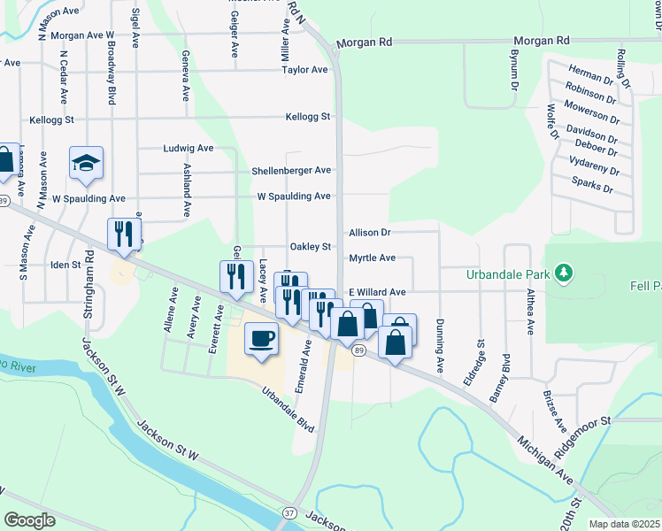 map of restaurants, bars, coffee shops, grocery stores, and more near 74 Bedford Road North in Battle Creek