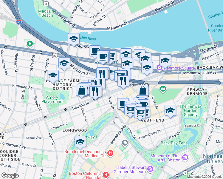 map of restaurants, bars, coffee shops, grocery stores, and more near 880 Beacon Street in Boston