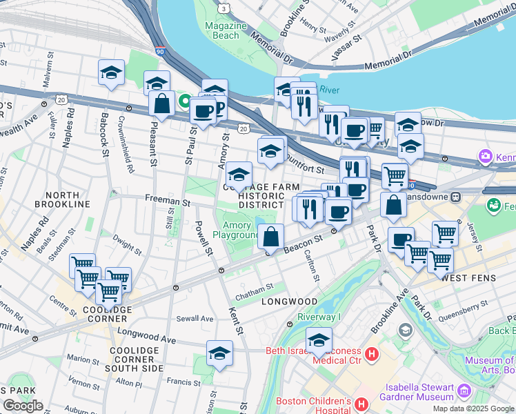 map of restaurants, bars, coffee shops, grocery stores, and more near 178 Ivy Street in Brookline