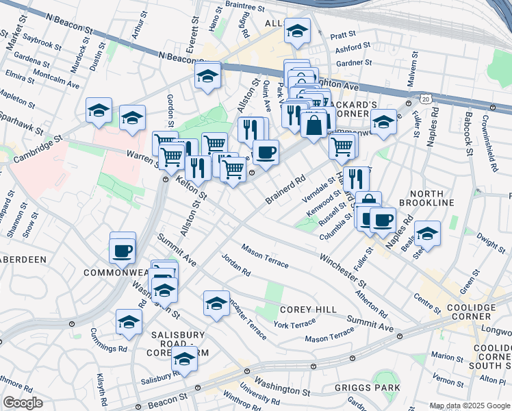 map of restaurants, bars, coffee shops, grocery stores, and more near 33 Walbridge Street in Boston