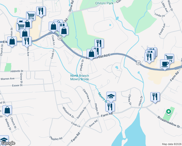 map of restaurants, bars, coffee shops, grocery stores, and more near 91 Phelps Street in Marlborough