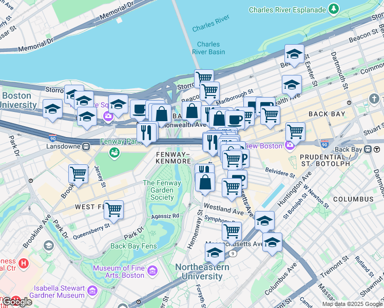 map of restaurants, bars, coffee shops, grocery stores, and more near 52 Charlesgate East in Boston