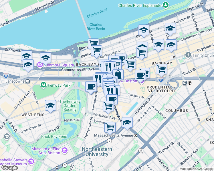 map of restaurants, bars, coffee shops, grocery stores, and more near 135 Massachusetts Avenue in Boston