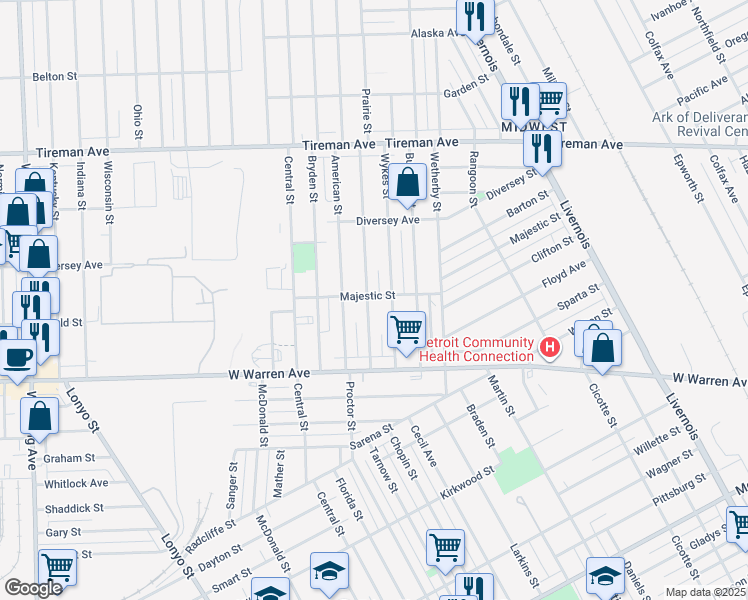 map of restaurants, bars, coffee shops, grocery stores, and more near 7311 Wykes Street in Detroit
