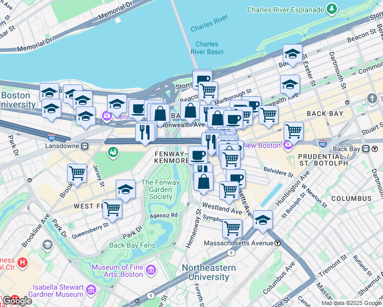 map of restaurants, bars, coffee shops, grocery stores, and more near 3780 Boylston Street in Boston