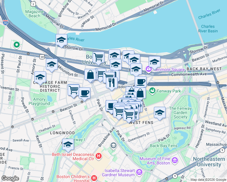 map of restaurants, bars, coffee shops, grocery stores, and more near 9 Miner Street in Boston