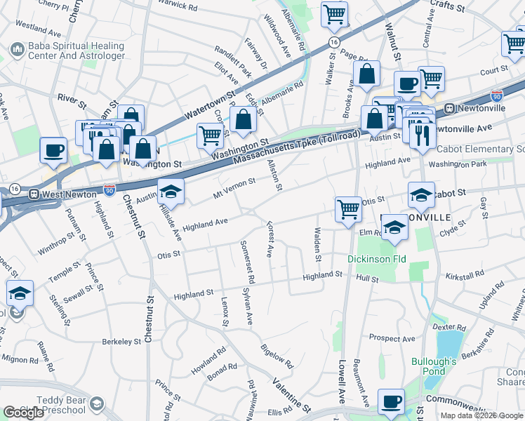 map of restaurants, bars, coffee shops, grocery stores, and more near 221 Otis Street in Newton