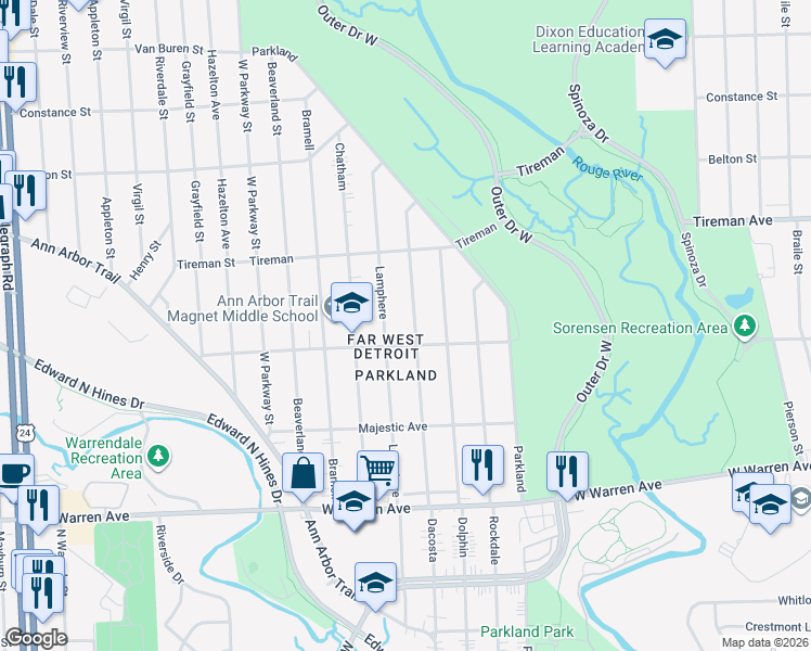 map of restaurants, bars, coffee shops, grocery stores, and more near 7552 Dacosta in Detroit