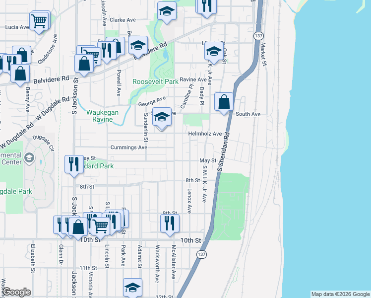 map of restaurants, bars, coffee shops, grocery stores, and more near 676 Lenox Avenue in Waukegan