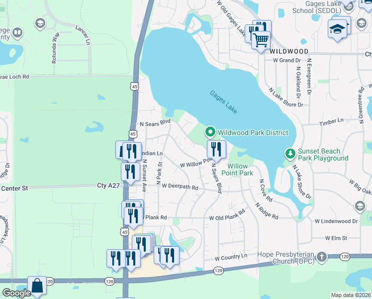 map of restaurants, bars, coffee shops, grocery stores, and more near 18762 West Willow Point Road in Grayslake
