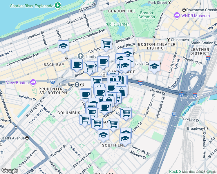 map of restaurants, bars, coffee shops, grocery stores, and more near 54 Lawrence Street in Boston