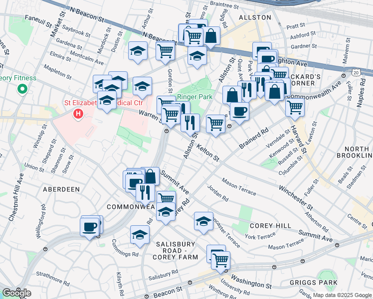 map of restaurants, bars, coffee shops, grocery stores, and more near in Boston