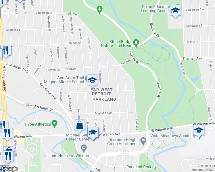 map of restaurants, bars, coffee shops, grocery stores, and more near 7637 Dacosta in Detroit
