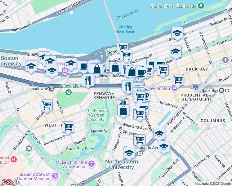 map of restaurants, bars, coffee shops, grocery stores, and more near 3780 Boylston Street in Boston