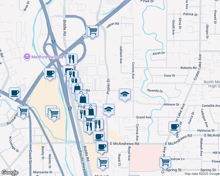 map of restaurants, bars, coffee shops, grocery stores, and more near 1301 Morrow Road in Medford