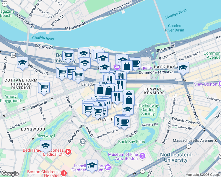 map of restaurants, bars, coffee shops, grocery stores, and more near in Boston